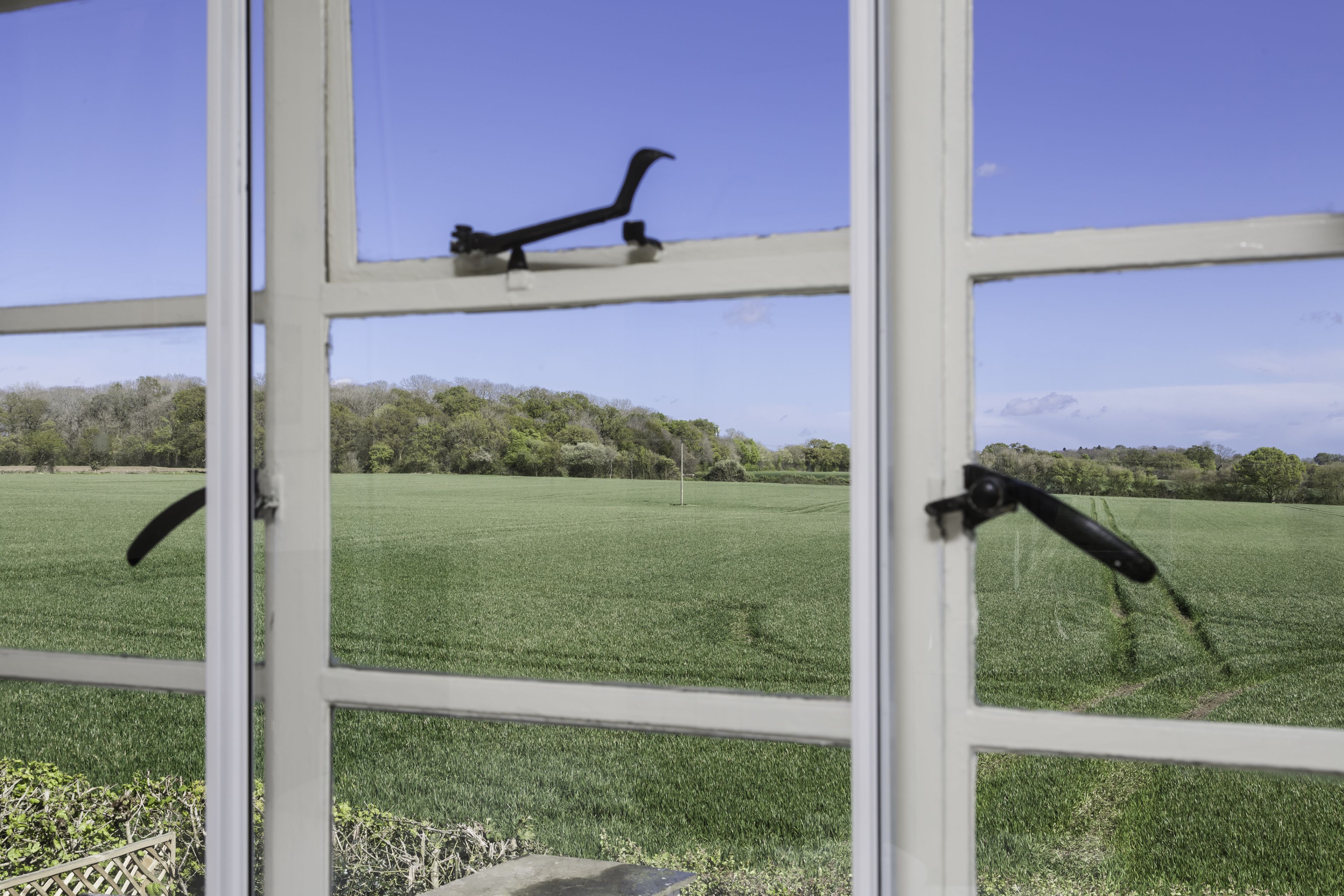 Window view overlooking green fields and treeline