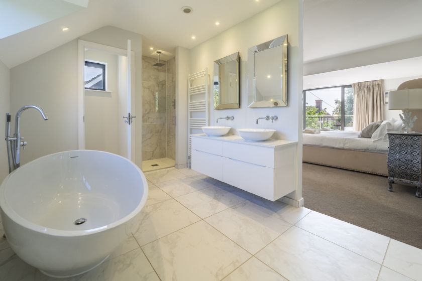 Luxury bathroom with freestanding bath and walk-in shower