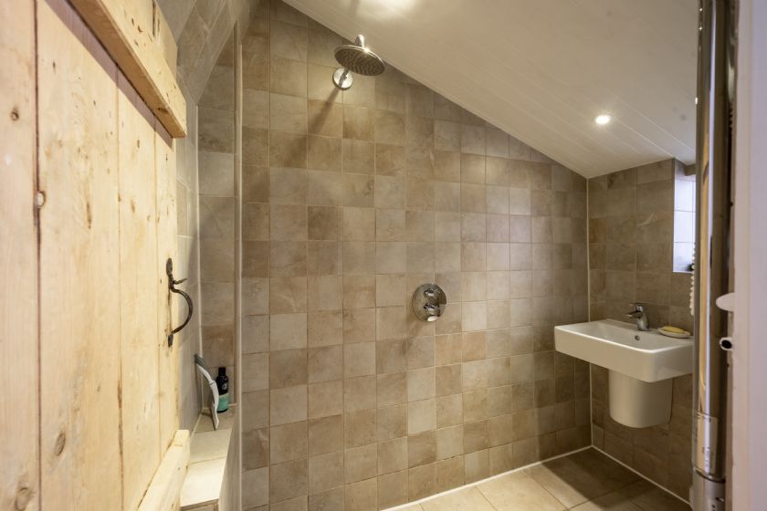 Modern wet room bathroom with tiled walls, rainfall shower and wooden door