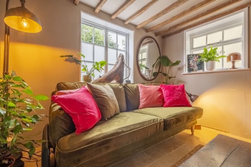 Cozy living room with green velvet sofa, pink cushions, wooden beams and plants
