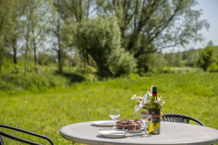 Outdoor dining with wine and meadow views