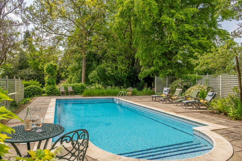 Swimming pool surrounded by garden with bistro table